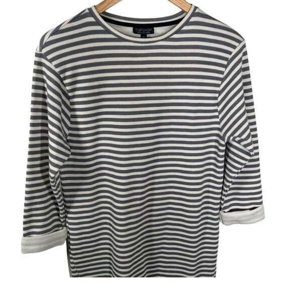 Topshop Gray Cream Striped Mini Shift Dress Women’s 6 - Picture 2 of 11